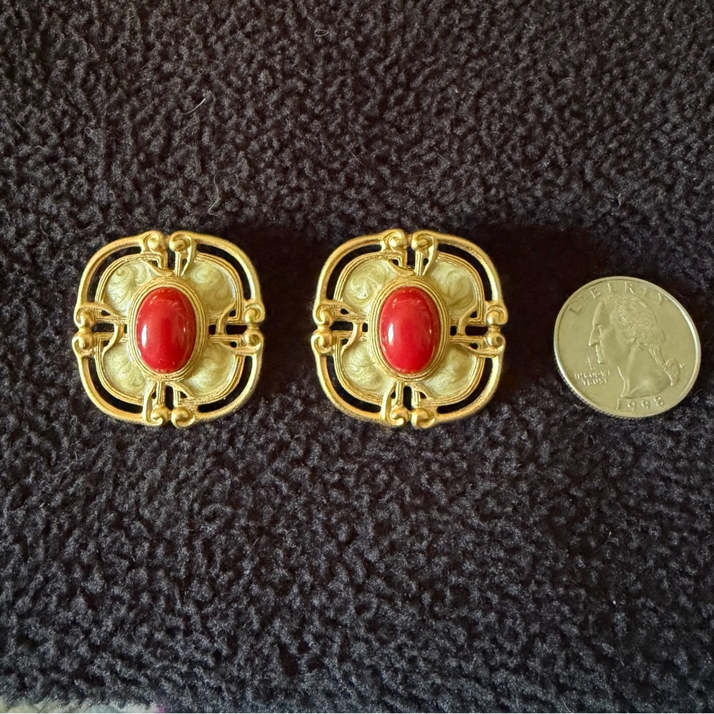 Vintage Monet Etruscan Gold Tone & Red Cabochon Earrings,Pierced - Picture 2 of 5